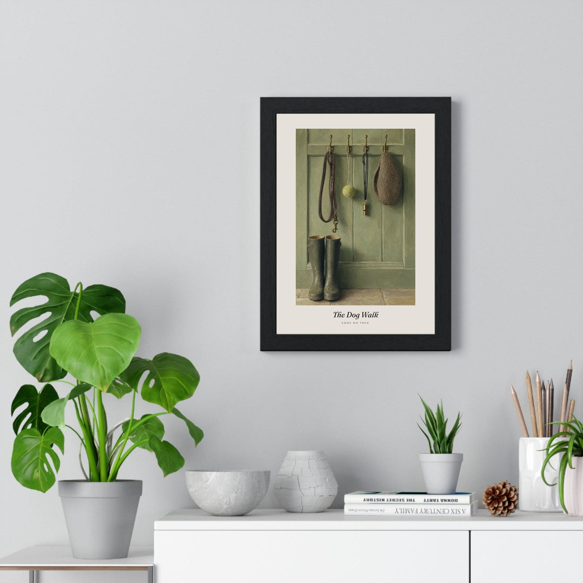 The Dog Walk Print framed on a living room wall