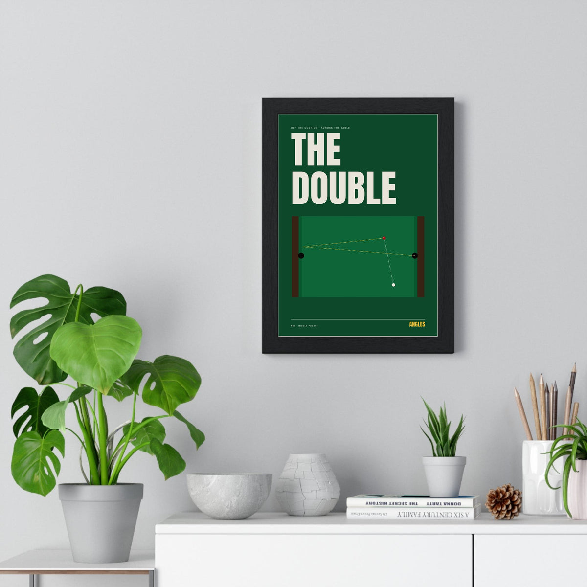 The Double Snooker print framed on a living room wall