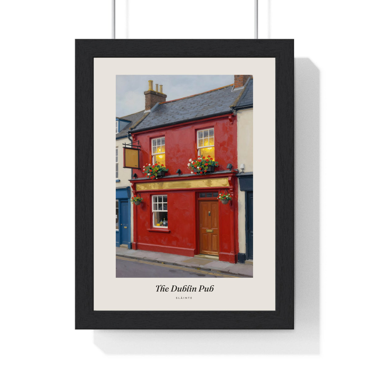The Dublin Pub Print framed in a black frame, ready to hang