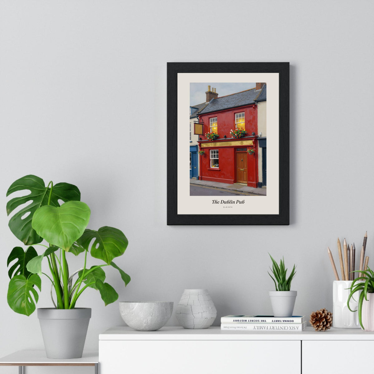 The Dublin Pub Print framed on a living room wall
