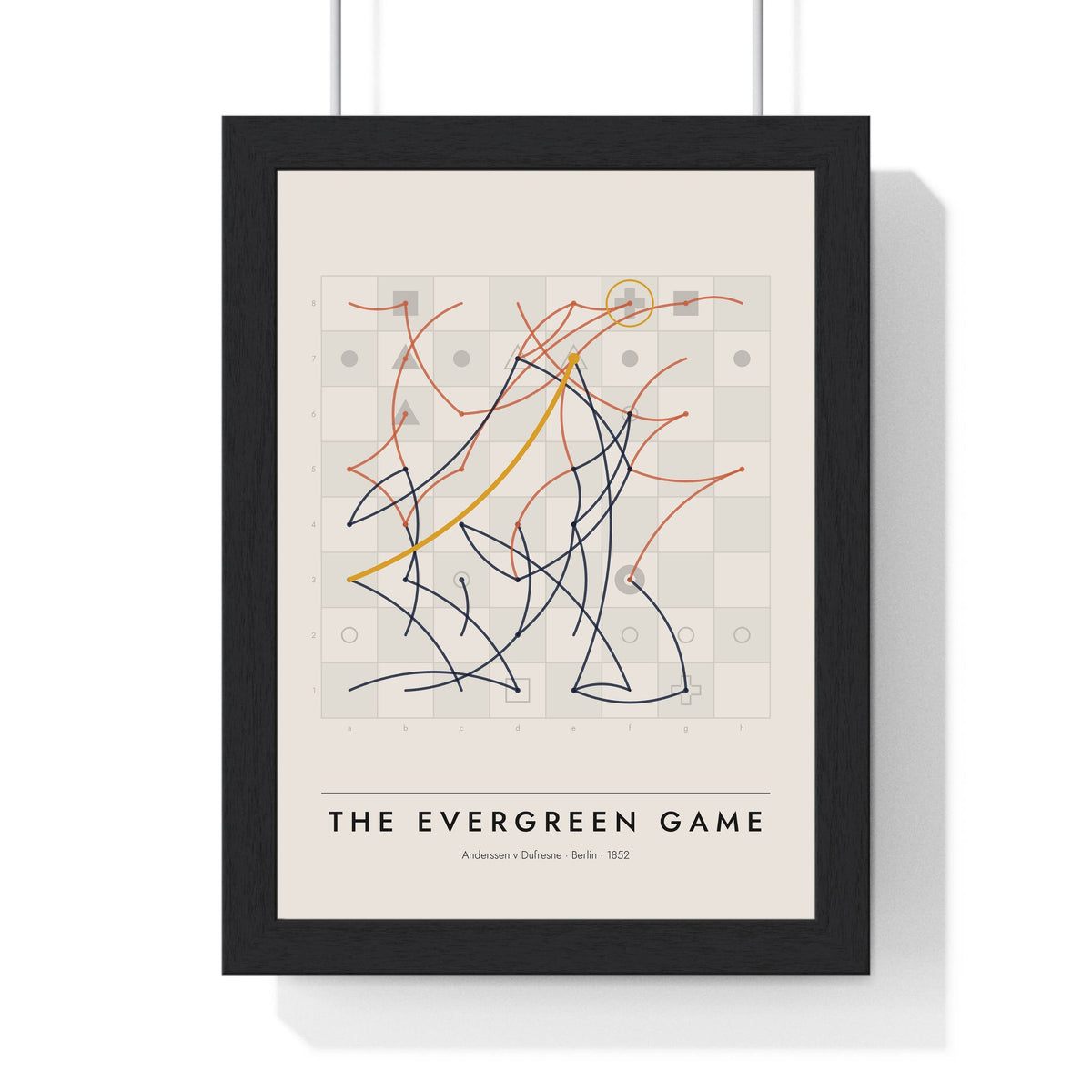 The Evergreen Game Chess print framed in a black frame, ready to hang