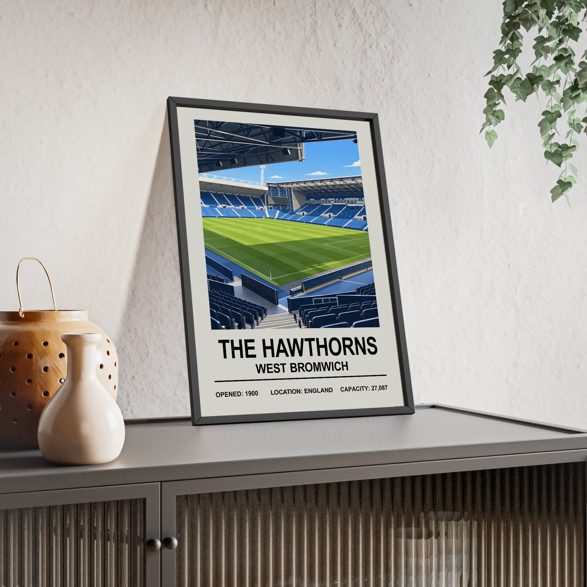West Bromwich Albion The Hawthorns print framed and leaning on a sideboard