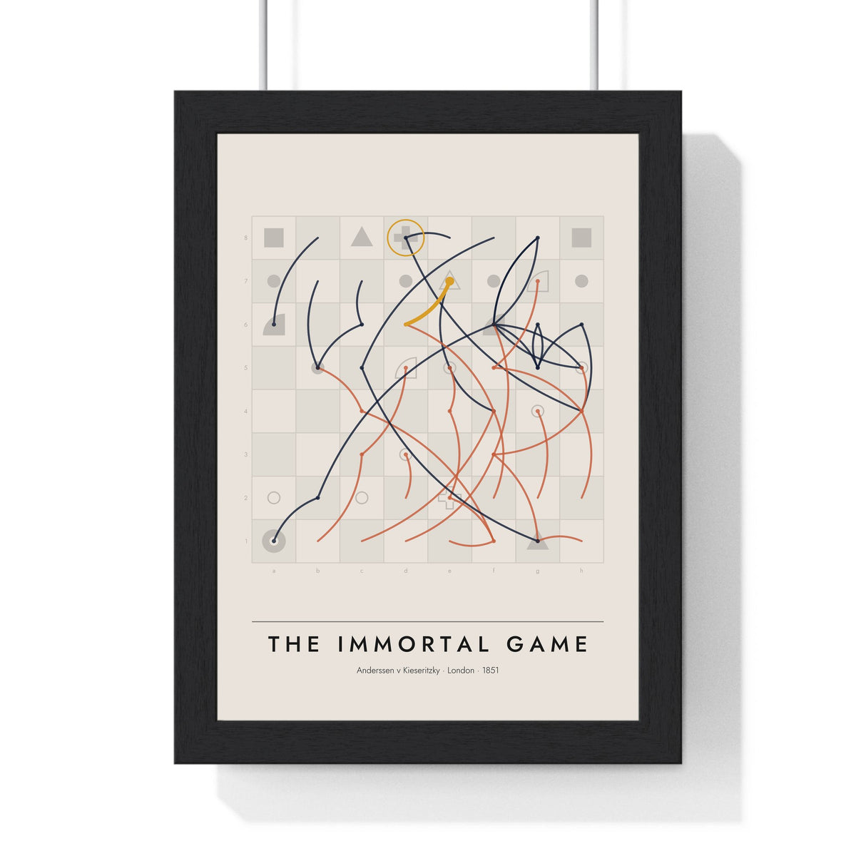 The Immortal Game Chess print framed in a black frame, ready to hang