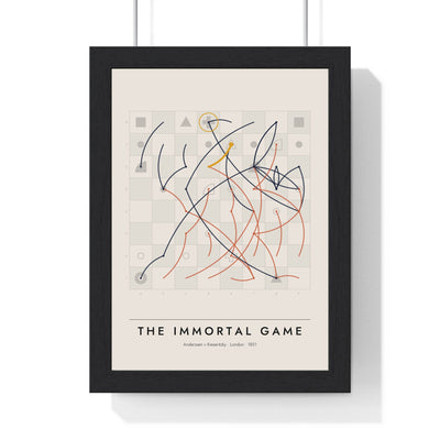 The Immortal Game Chess print framed in a black frame, ready to hang