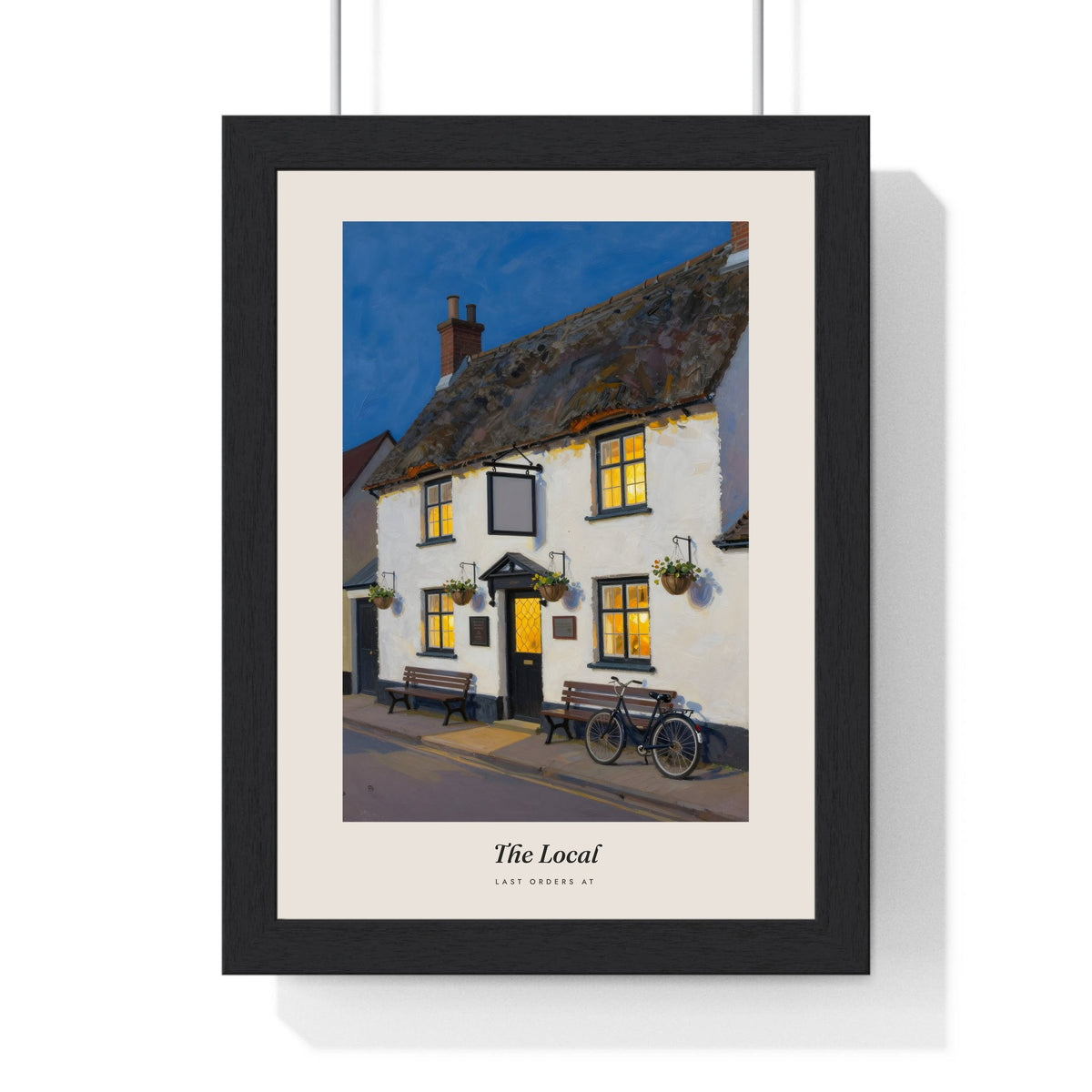 The Local Pub Print framed in a black frame, ready to hang