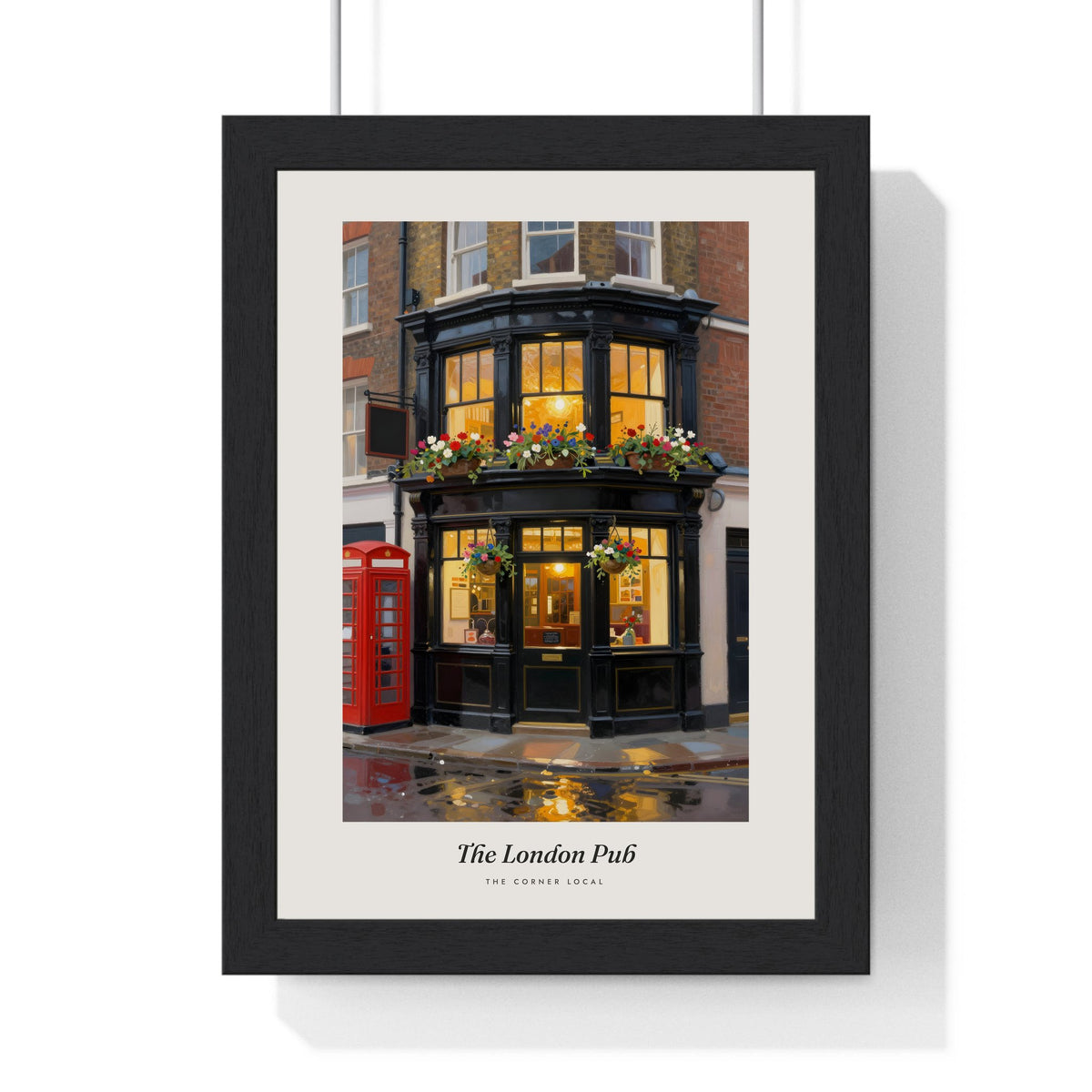 The London Pub Print framed in a black frame, ready to hang