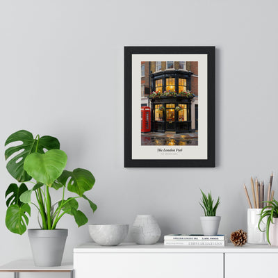 The London Pub Print framed on a living room wall