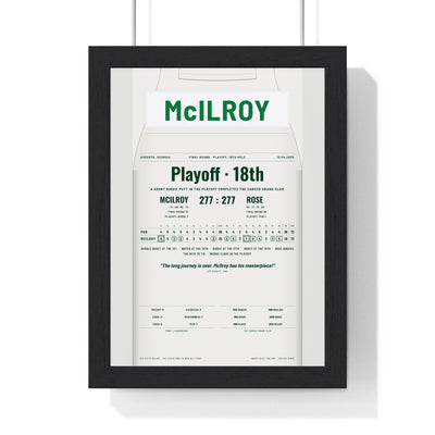 Rory McIlroy 2025 Grand Slam Golf Print - Caddie Overalls Playoff Poster framed in a black frame, ready to hang