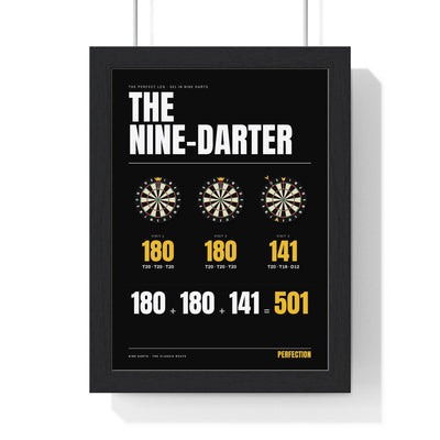 The Nine-Darter Darts print framed in a black frame, ready to hang