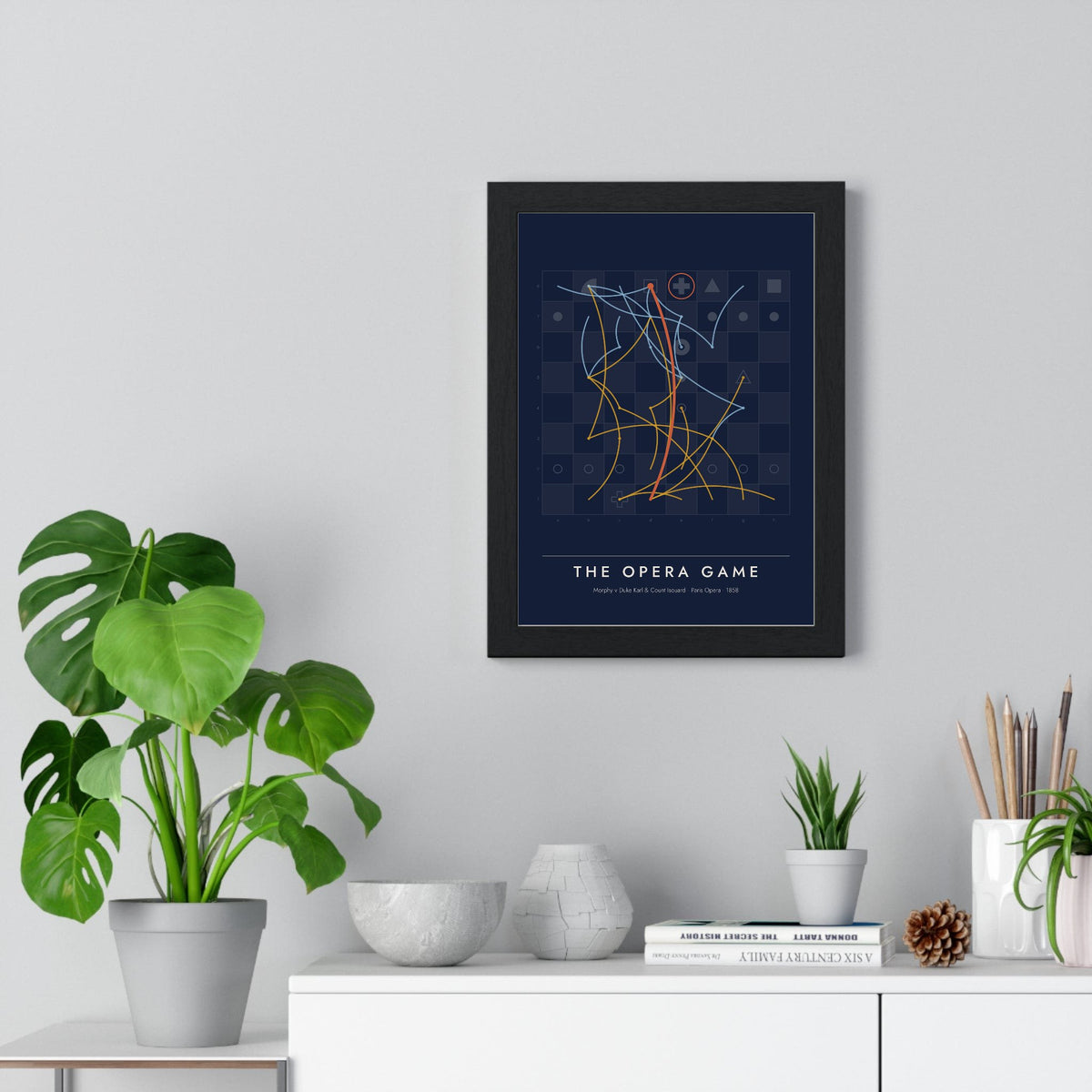 The Opera Game Chess print framed on a living room wall