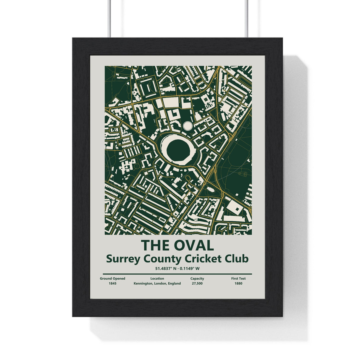The Oval map print framed in a black frame, ready to hang