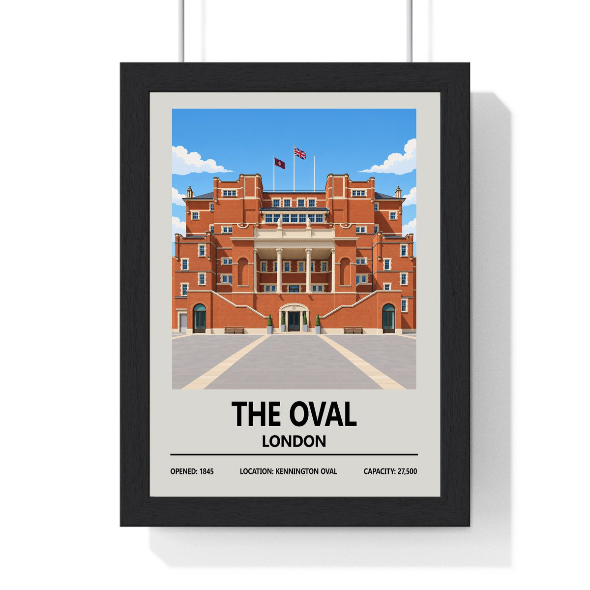 The Oval cricket ground print framed in a black frame, ready to hang