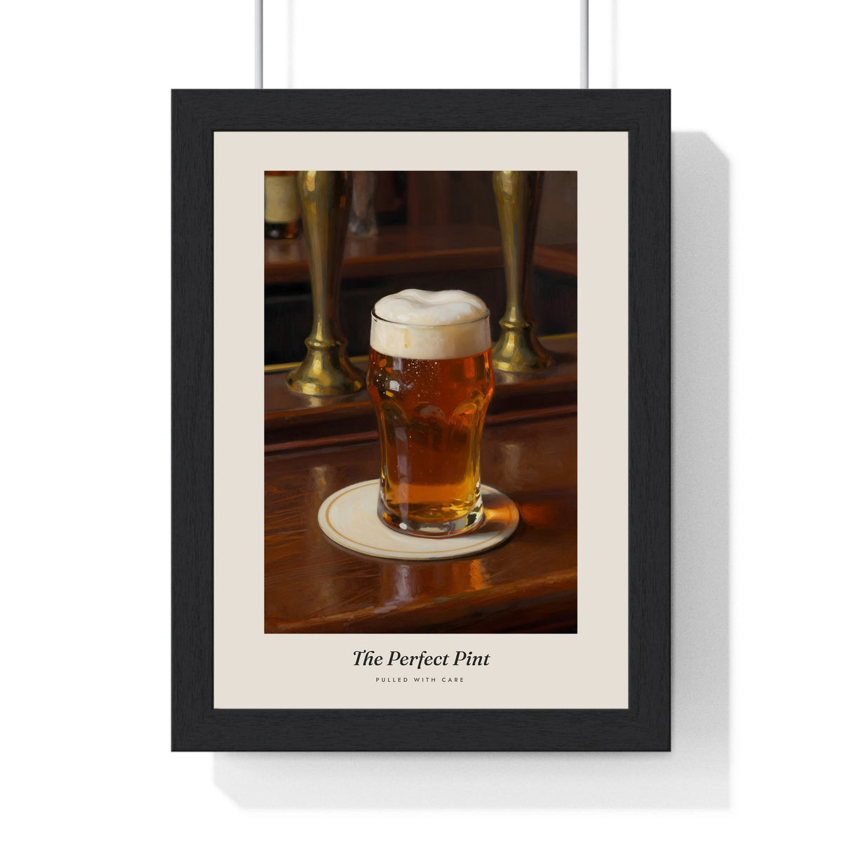 The Perfect Pint Print framed in a black frame, ready to hang