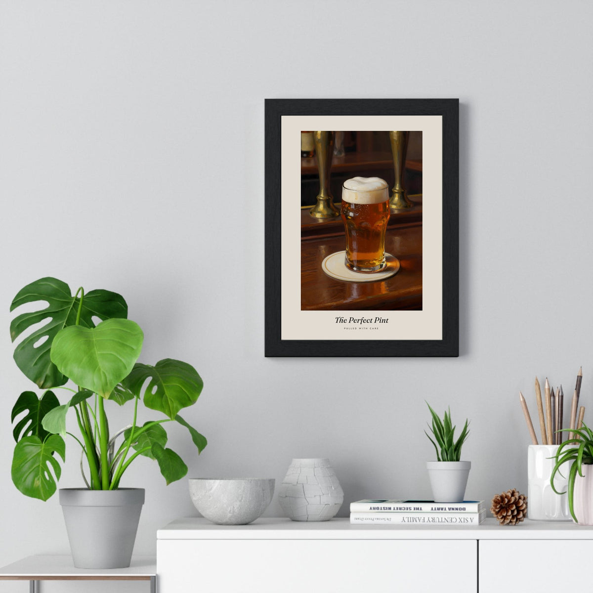 The Perfect Pint Print framed on a living room wall