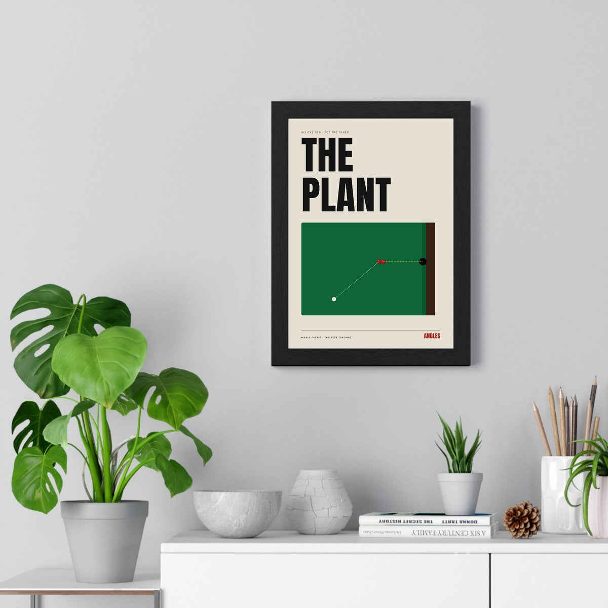 The Plant Snooker print framed on a living room wall