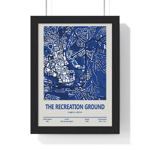 The Recreation Ground Bath Rugby stadium map poster framed in Poster Kingz frame