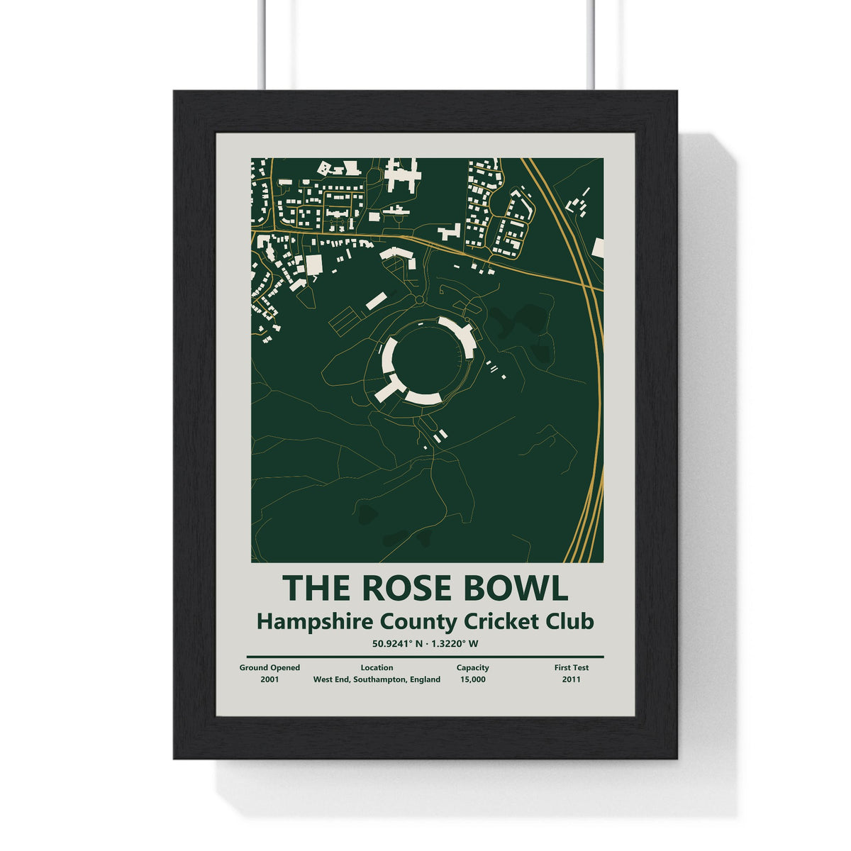 The Rose Bowl map print framed in a black frame, ready to hang