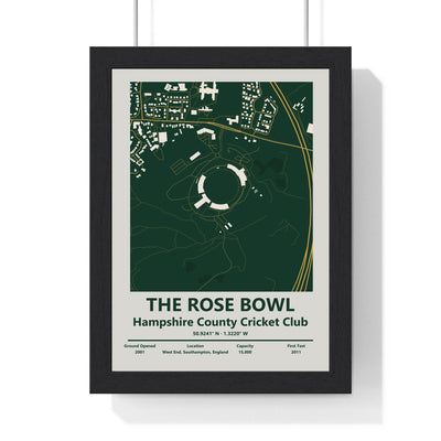 The Rose Bowl map print framed in a black frame, ready to hang