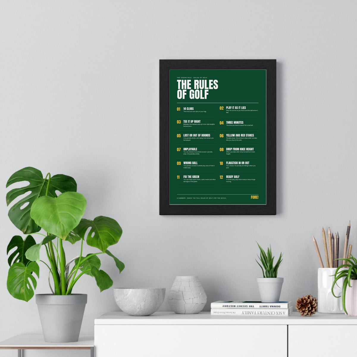 The Rules of Golf print framed on a living room wall