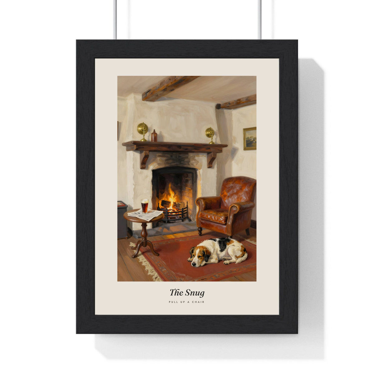 The Snug Print framed in a black frame, ready to hang