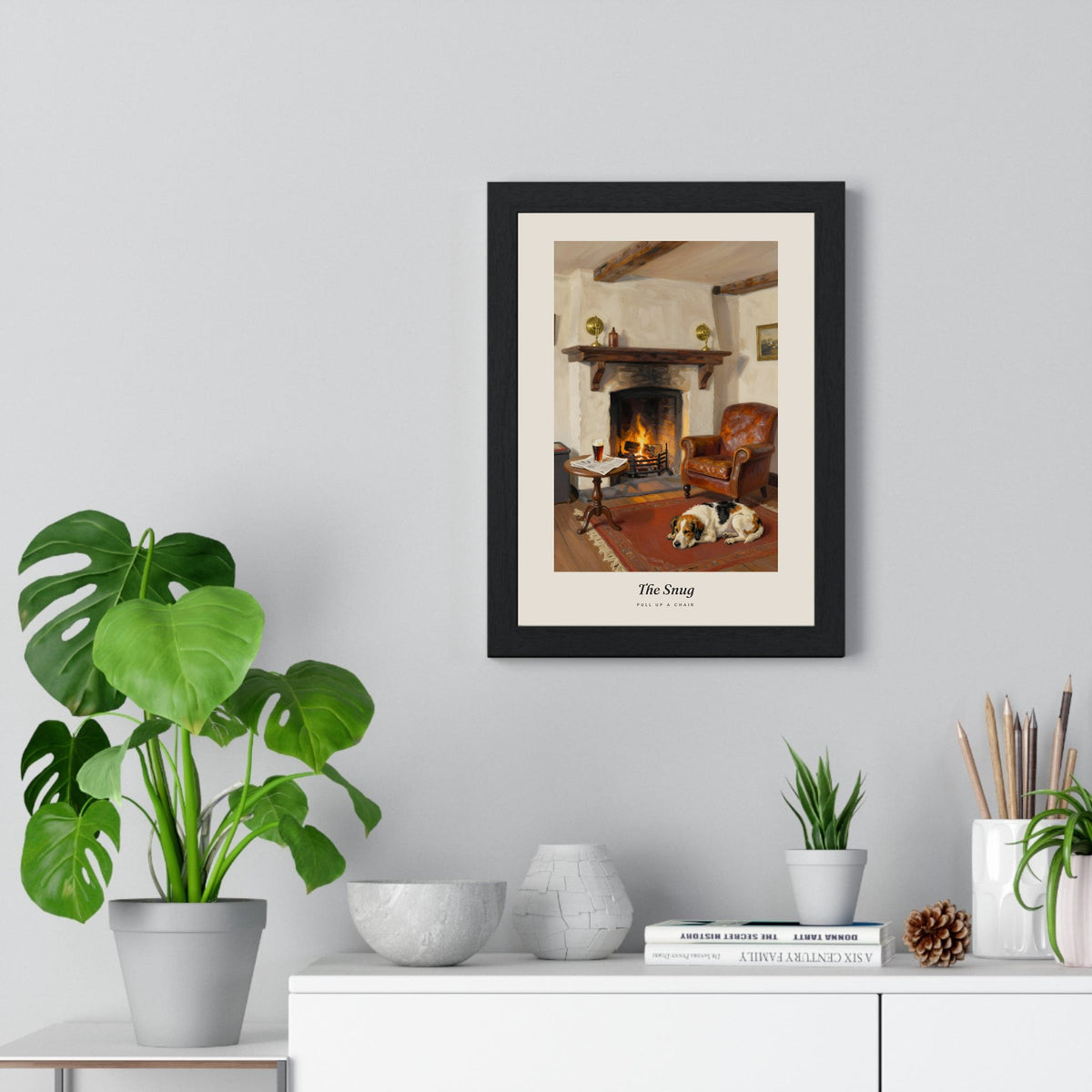 The Snug Print framed on a living room wall