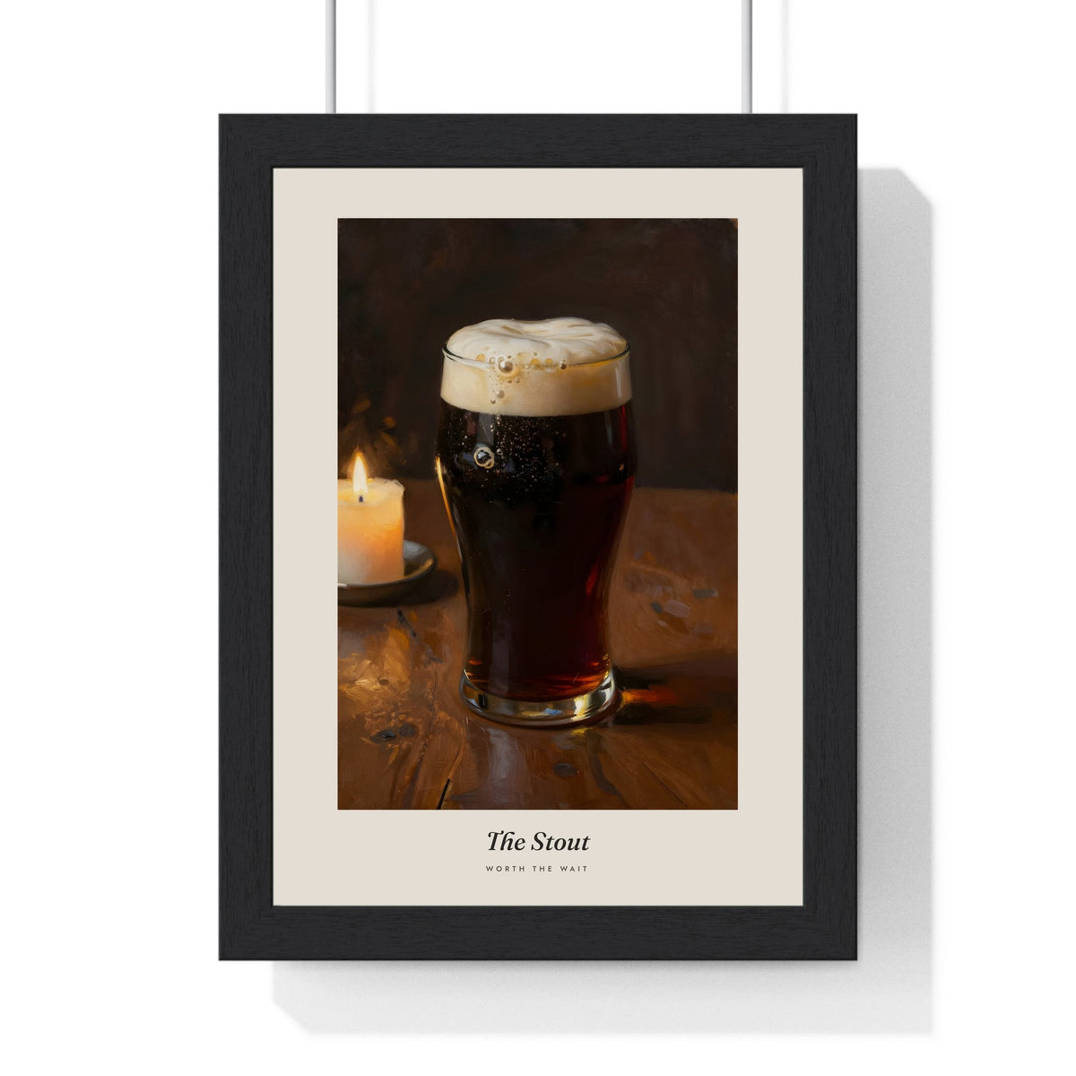 The Stout Print framed in a black frame, ready to hang