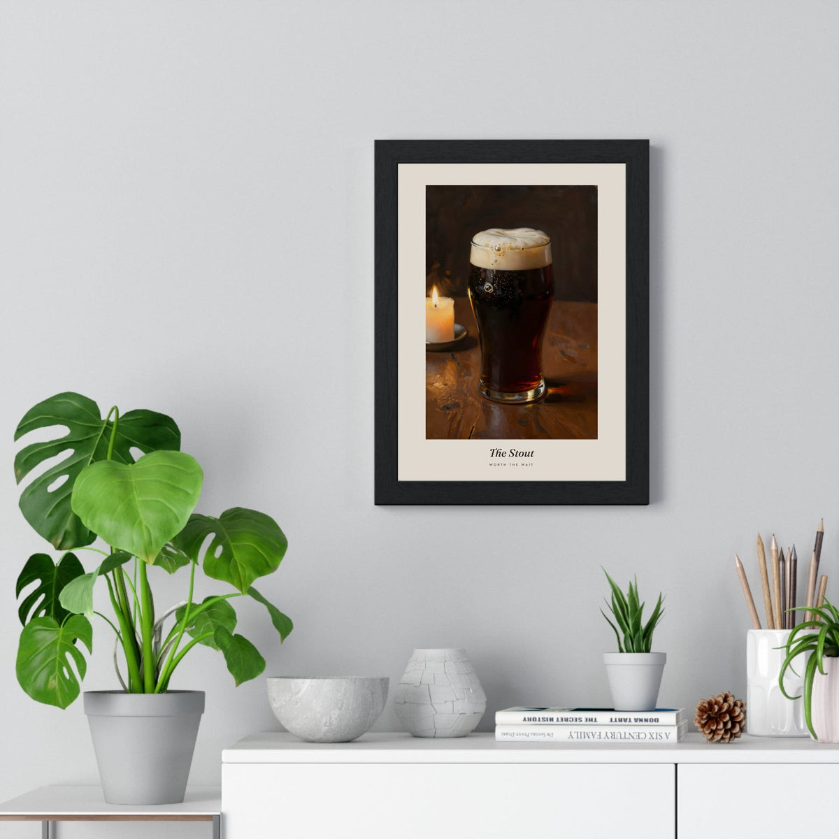 The Stout Print framed on a living room wall