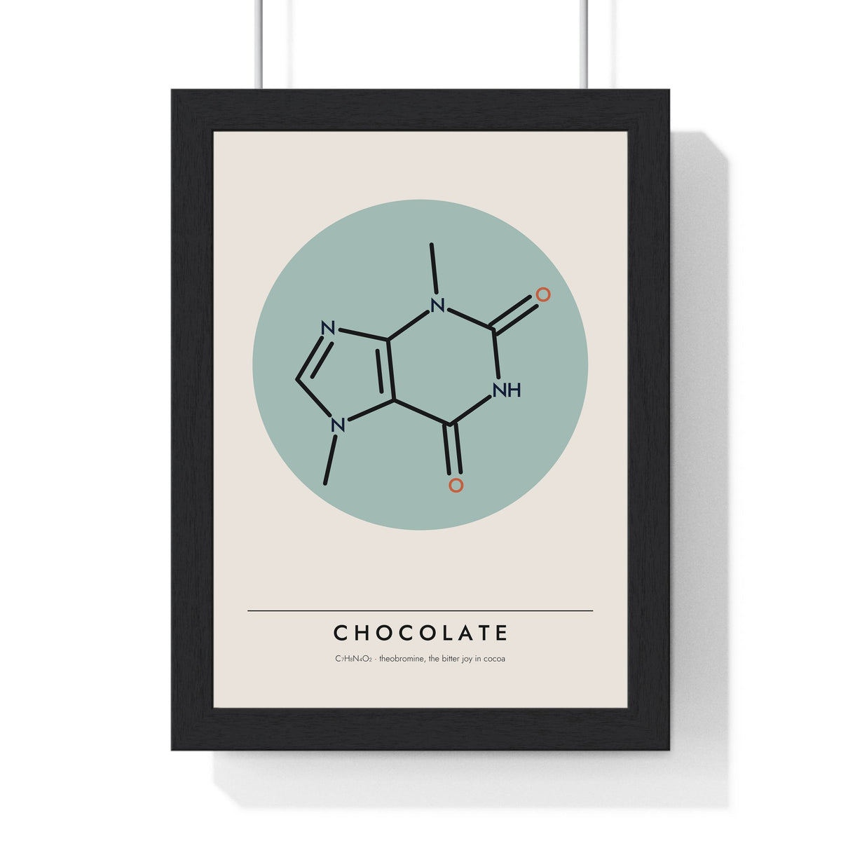 Theobromine Molecule print framed in a black frame, ready to hang