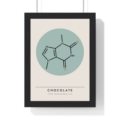 Theobromine Molecule print framed in a black frame, ready to hang