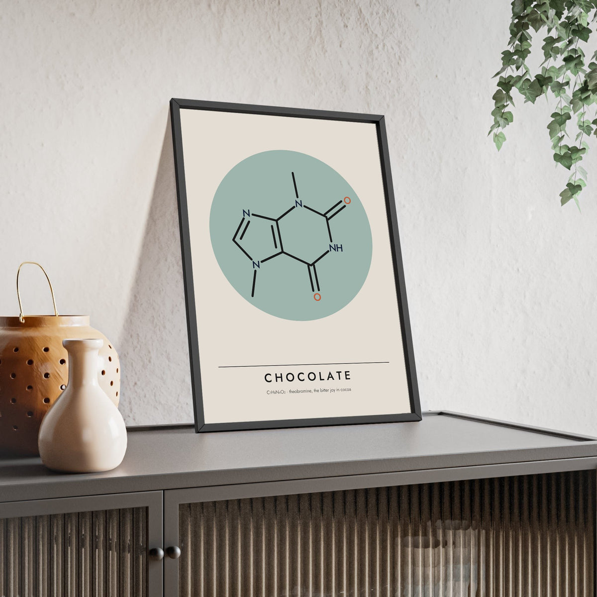 Theobromine Molecule print framed and leaning on a sideboard