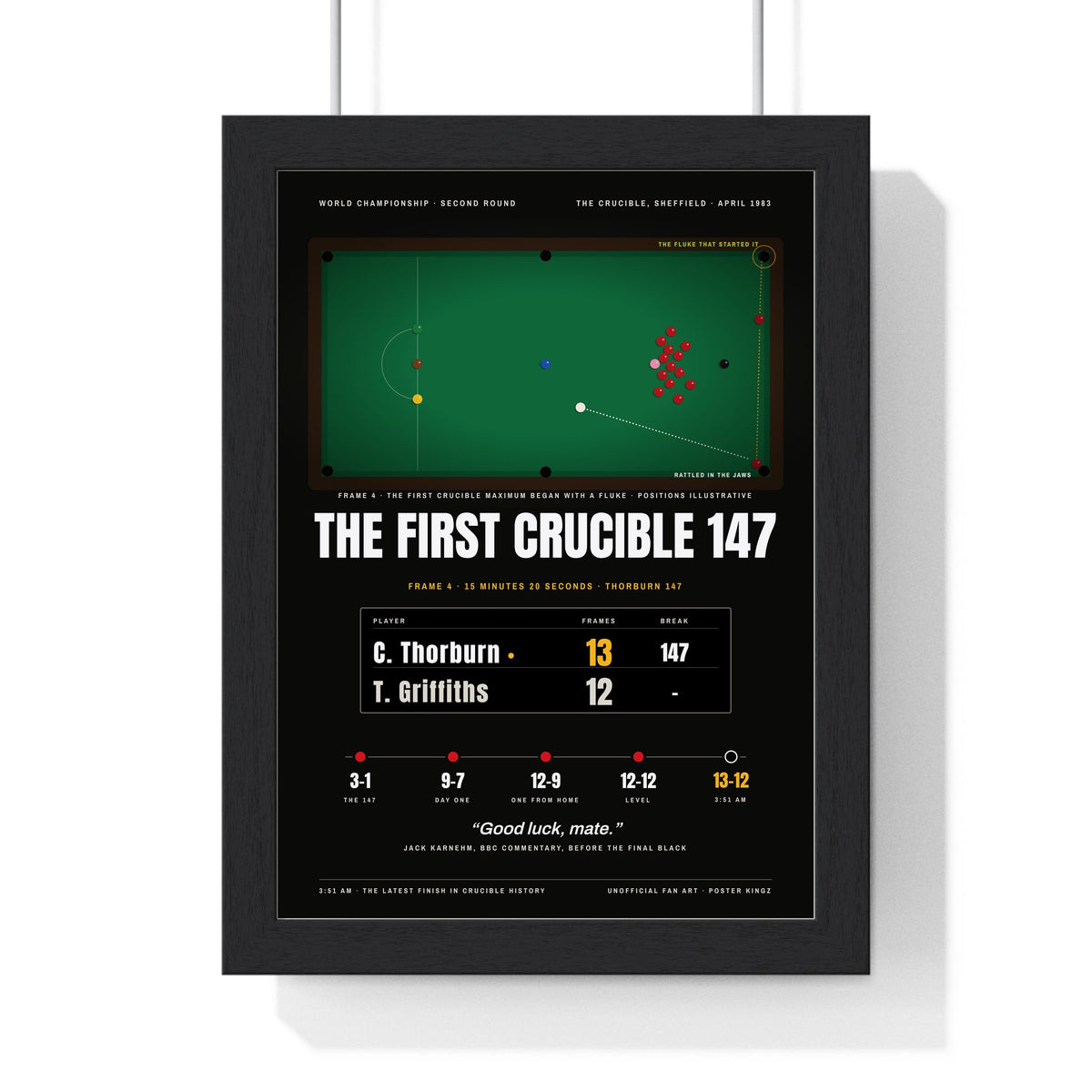 The First Crucible 147 Snooker print framed in a black frame, ready to hang