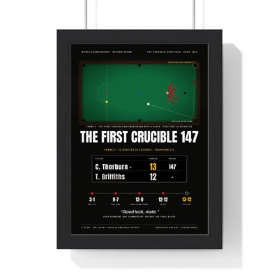 The First Crucible 147 Snooker print framed in a black frame, ready to hang