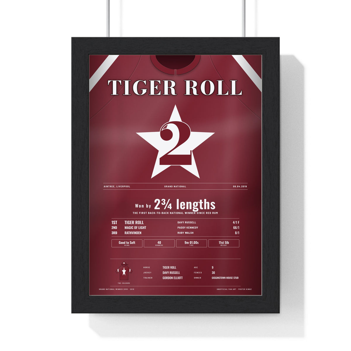 Tiger Roll Grand National 2019 Horse Racing Poster - Back to Back Nationals Silks Print framed in a black frame, ready to hang