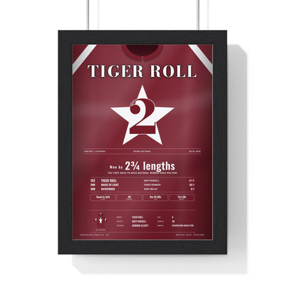 Tiger Roll Grand National 2019 Horse Racing Poster - Back to Back Nationals Silks Print framed in a black frame, ready to hang