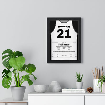 Tim Duncan 2003 NBA Finals Game 6 Poster - San Antonio Spurs 21 Near Quadruple-Double Jersey Print framed on a living room wall