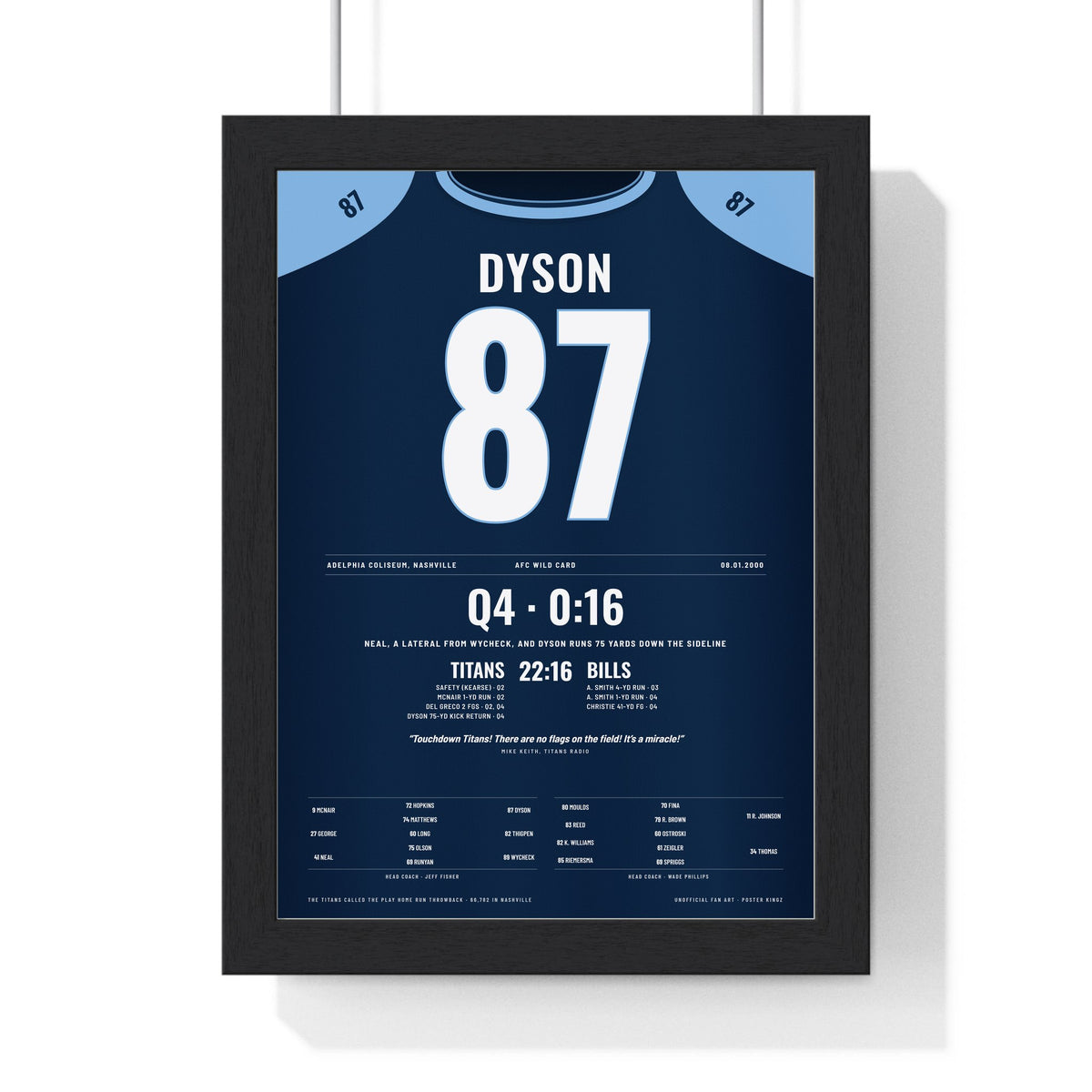 Tennessee Titans 2000 Wild Card Poster - Kevin Dyson 87 Kick Return Jersey Print framed in a black frame, ready to hang