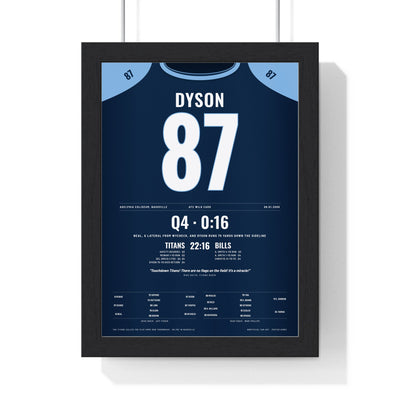 Tennessee Titans 2000 Wild Card Poster - Kevin Dyson 87 Kick Return Jersey Print framed in a black frame, ready to hang