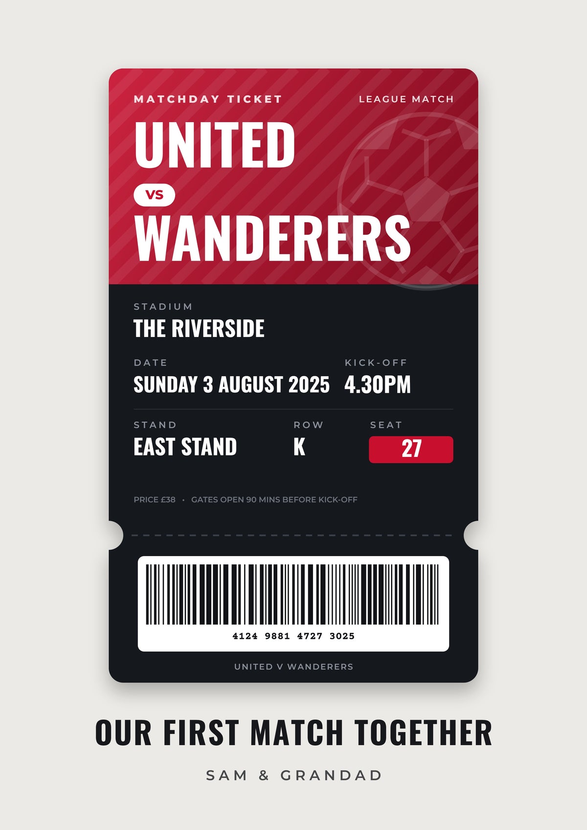 Personalised Football Match Ticket Print - design detail