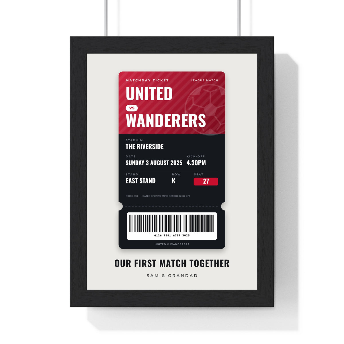 Personalised Football Match Ticket Print - framed matchday ticket