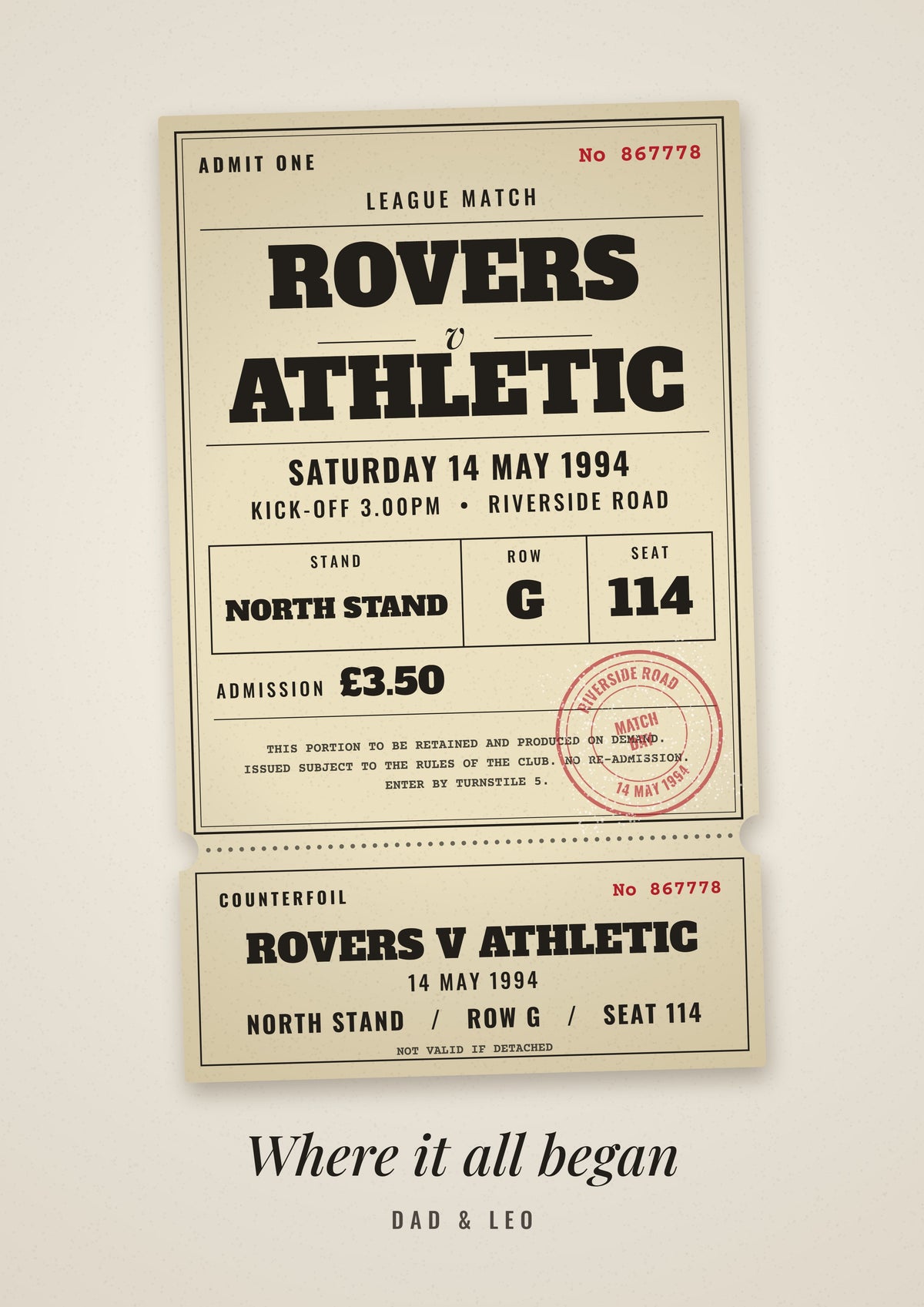 Personalised Vintage Football Ticket Print - design detail