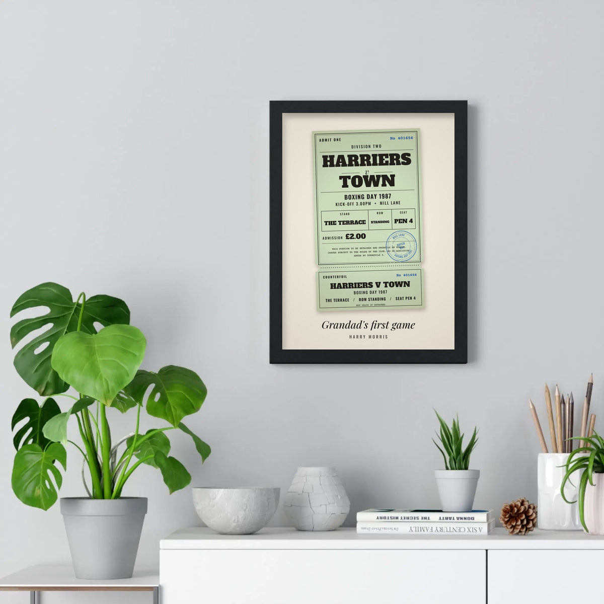 Personalised Vintage Football Ticket Print - green vintage ticket on the wall