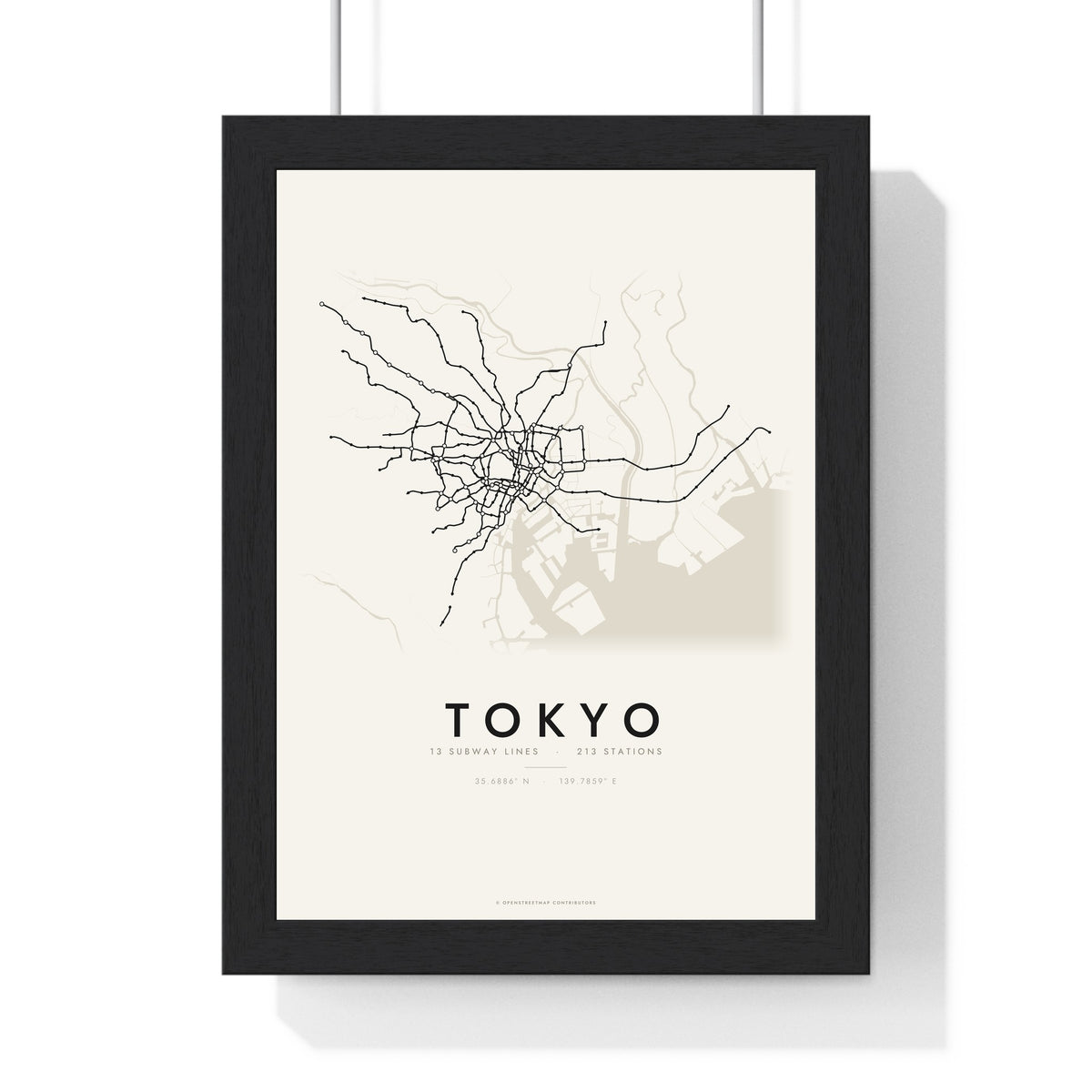 Tokyo Subway Map Print - framed minimal Tokyo metro lines map print, black lines on cream paper