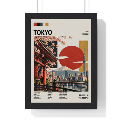Tokyo Mid Century Travel print framed in a black frame, ready to hang