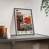 Tokyo Mid Century Travel print framed and leaning on a sideboard