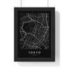 Tokyo street map poster in black, minimal city map print framed in a black frame