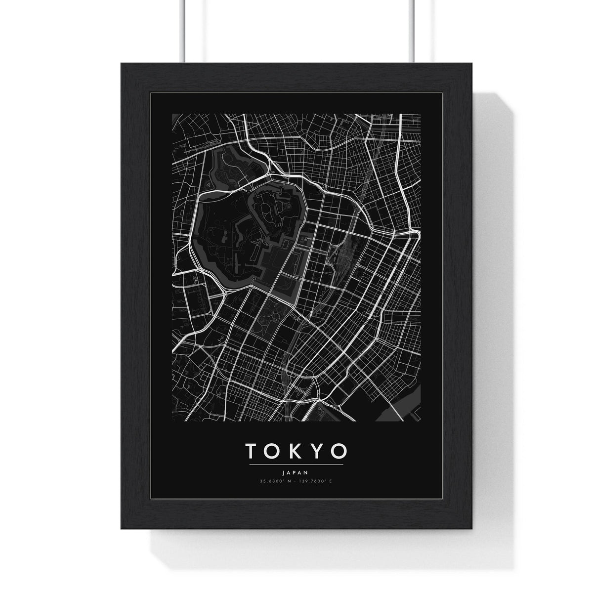 Tokyo street map poster in black, minimal city map print framed in a black frame