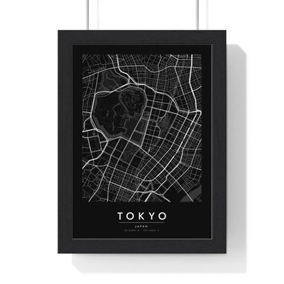 Tokyo street map poster in black, minimal city map print framed in a black frame