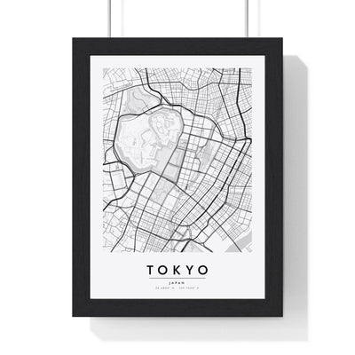 Tokyo street map poster in white, minimal city map print framed in a black frame
