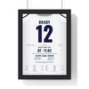 Tom Brady Super Bowl LI MVP Poster - New England Patriots 12 Overtime Comeback Jersey Print framed in a black frame, ready to hang