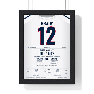 Tom Brady Super Bowl LI MVP Poster - New England Patriots 12 Overtime Comeback Jersey Print framed in a black frame, ready to hang
